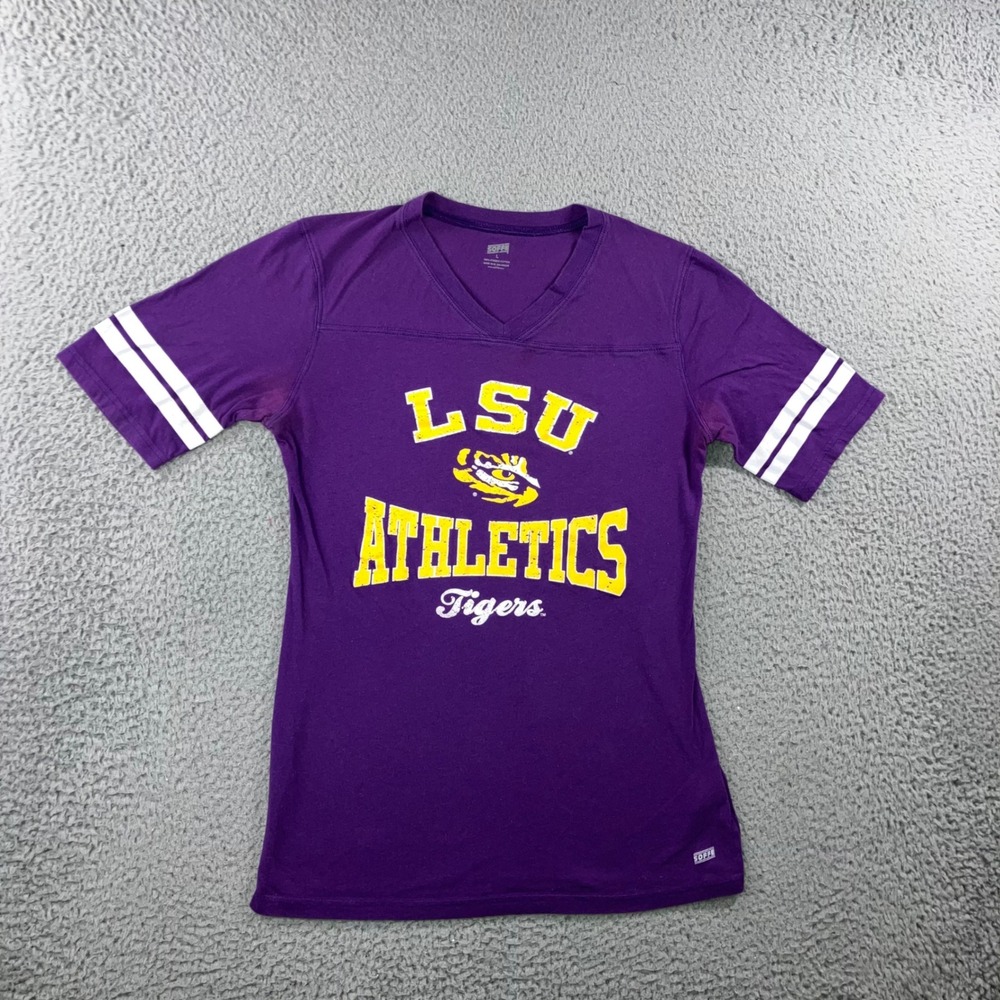 Retro Y2k Soffe LSU Athletics Tigers T-Shirt Womens L Purple V-Neck S/S Striped